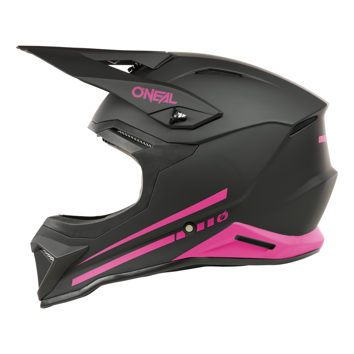 Der O'NEAL 1SRS Helm SOLID von O'NEAL zeichnet sich durch ein mattschwarzes Finish mit rosa Akzenten, ein rosa "ONEAL"-Logo an der Seite, hochwertige Technik, ein aerodynamisches Design und ein integriertes Visier aus.