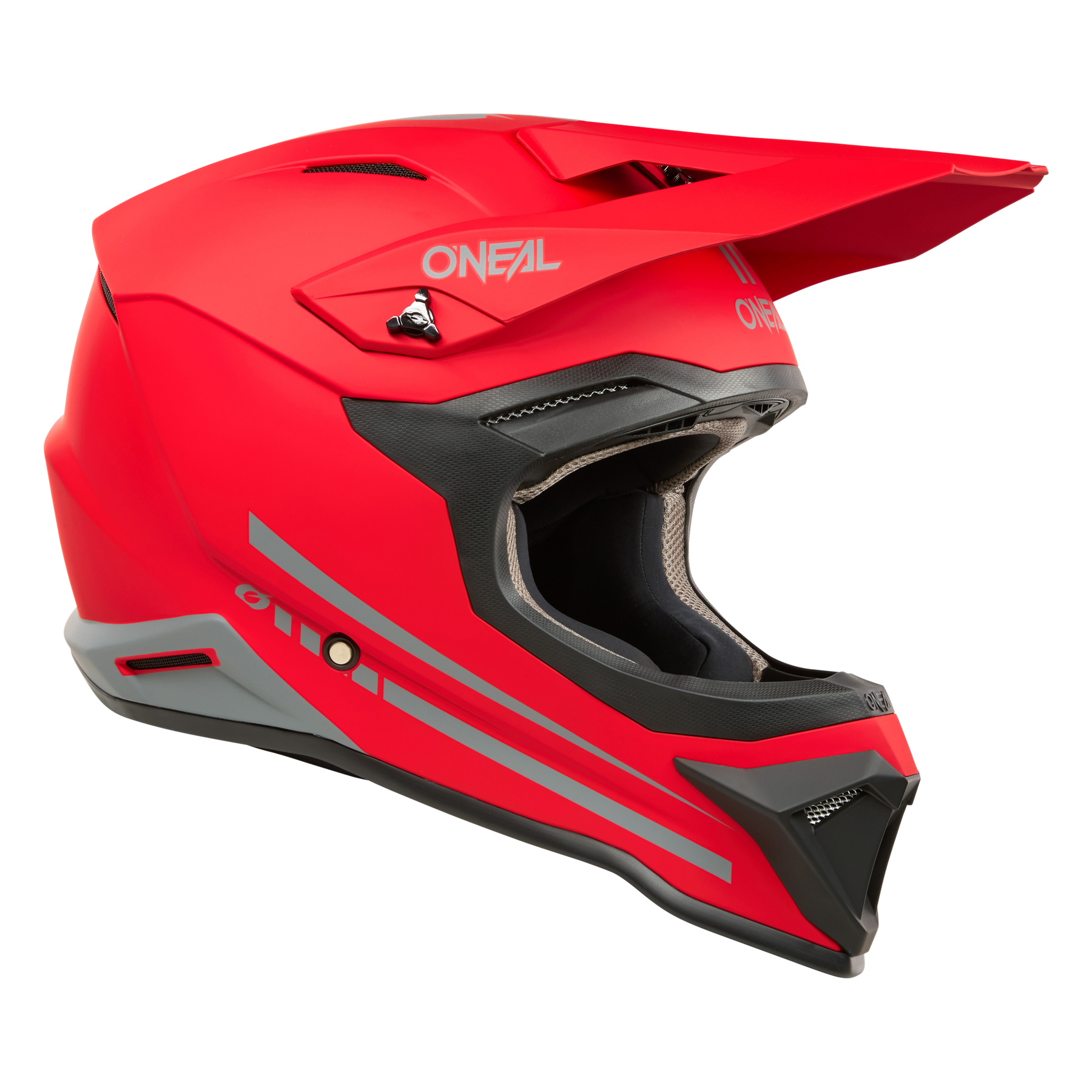 Der O'NEAL 1SRS Helm SOLID ist ein leuchtend roter Motocross-Helm mit ABS-Konstruktion, schwarzer Innenausstattung, grauen Akzenten und einem großen Visier, dargestellt von der Seite auf einem einfarbigen Hintergrund.