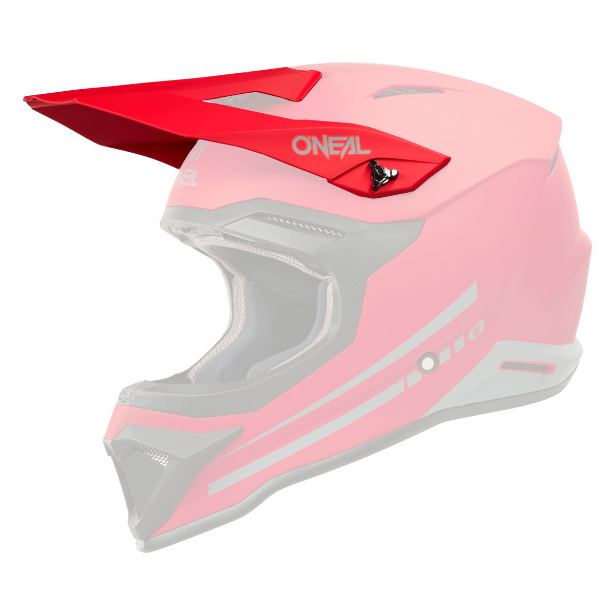 Der O'NEAL Visor 1SRS Helmet SOLID ist ein leuchtend roter Motocross-Helm mit großem Visier, schwarzer Innenausstattung und grauen geometrischen Seitenakzenten, dargestellt von der Seite auf schwarzem Hintergrund.