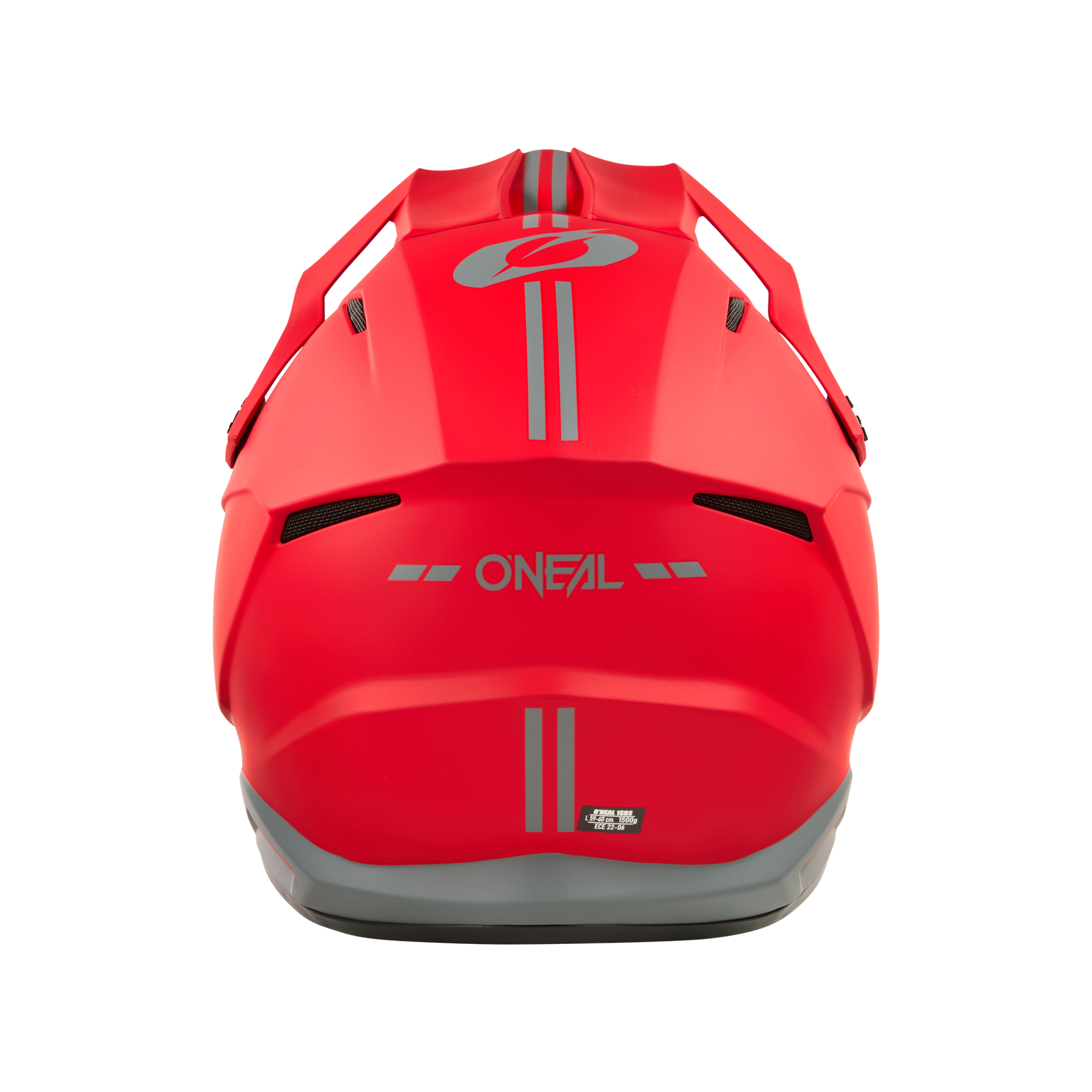 Eine Rückansicht des roten O'NEAL 1SRS Helm SOLID zeigt graue Streifen, Belüftungsschlitze und ein graues O'NEAL-Logo auf der Rückseite und kombiniert hochwertige Technik mit Sicherheit und Stil.