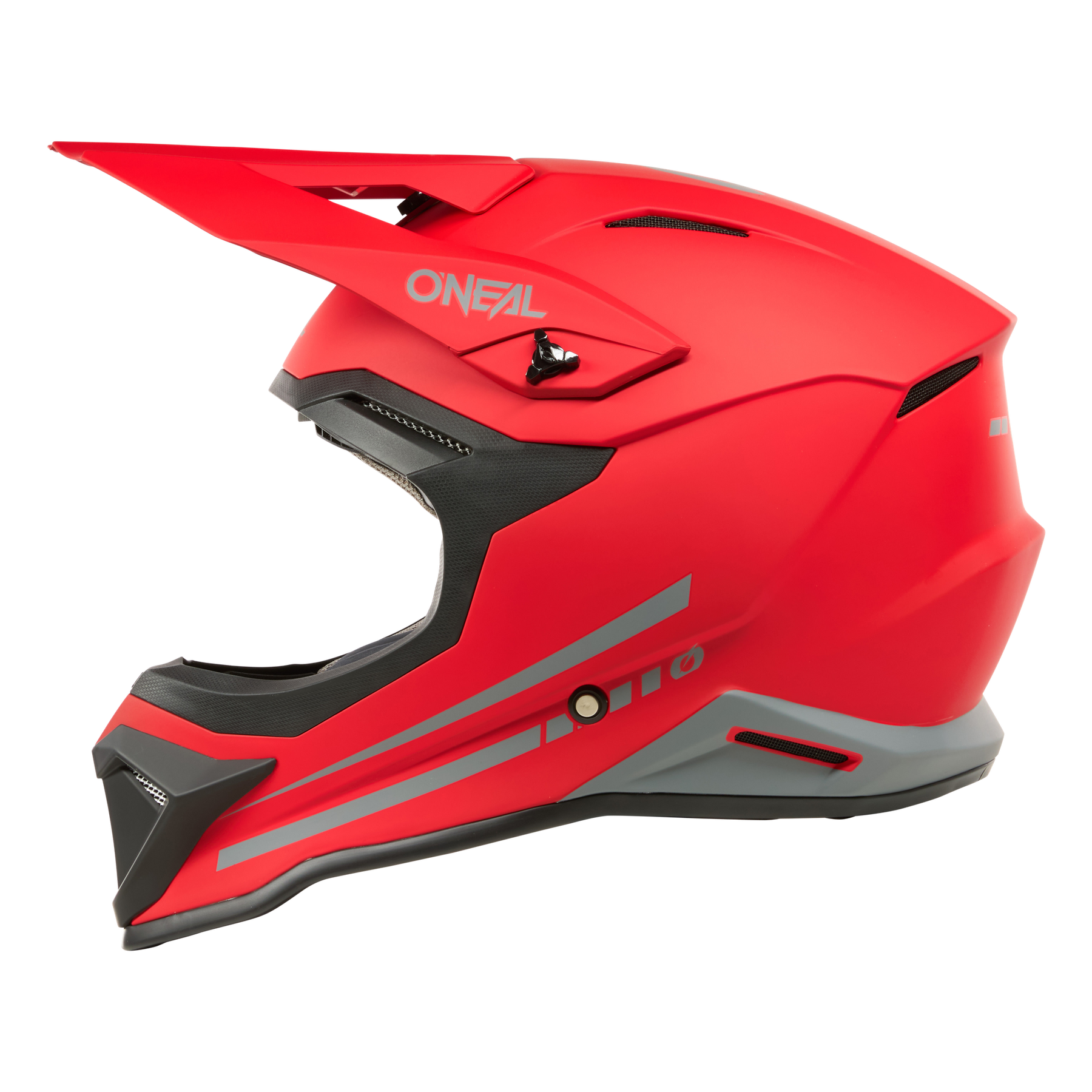 Ein leuchtend roter O'NEAL 1SRS Helm SOLID Motocross-Vollvisierhelm mit grauen Akzenten, entwickelt von O'NEAL, ist im linken Profil vor einem schwarzen Hintergrund abgebildet.