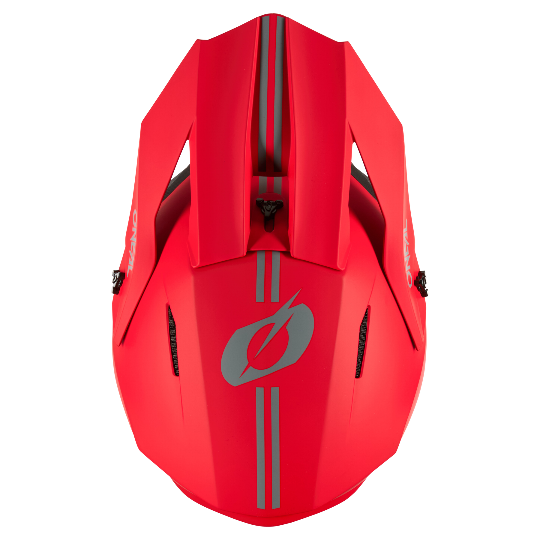 Der O'NEAL 1SRS Helm SOLID, von oben gesehen, verfügt über ein leuchtend rotes Finish mit zwei vertikalen silbernen Streifen, ein zentrales stilisiertes Logo, eckige Lüftungsschlitze für die Luftzirkulation und ein seitliches Branding - ein Beweis für die hochwertige Technik von O'NEAL.