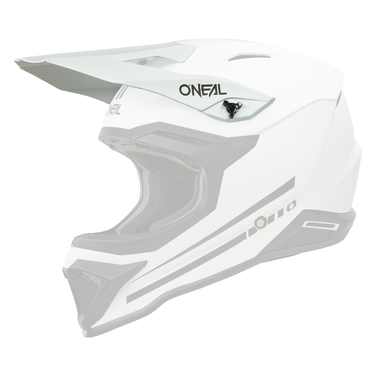 Der O'NEAL Visor 1SRS Helmet SOLID, ein weiß-schwarzer Motocross-Vollvisierhelm mit kantigem Design, ist in der Seitenansicht vor einem schlichten schwarzen Hintergrund abgebildet.