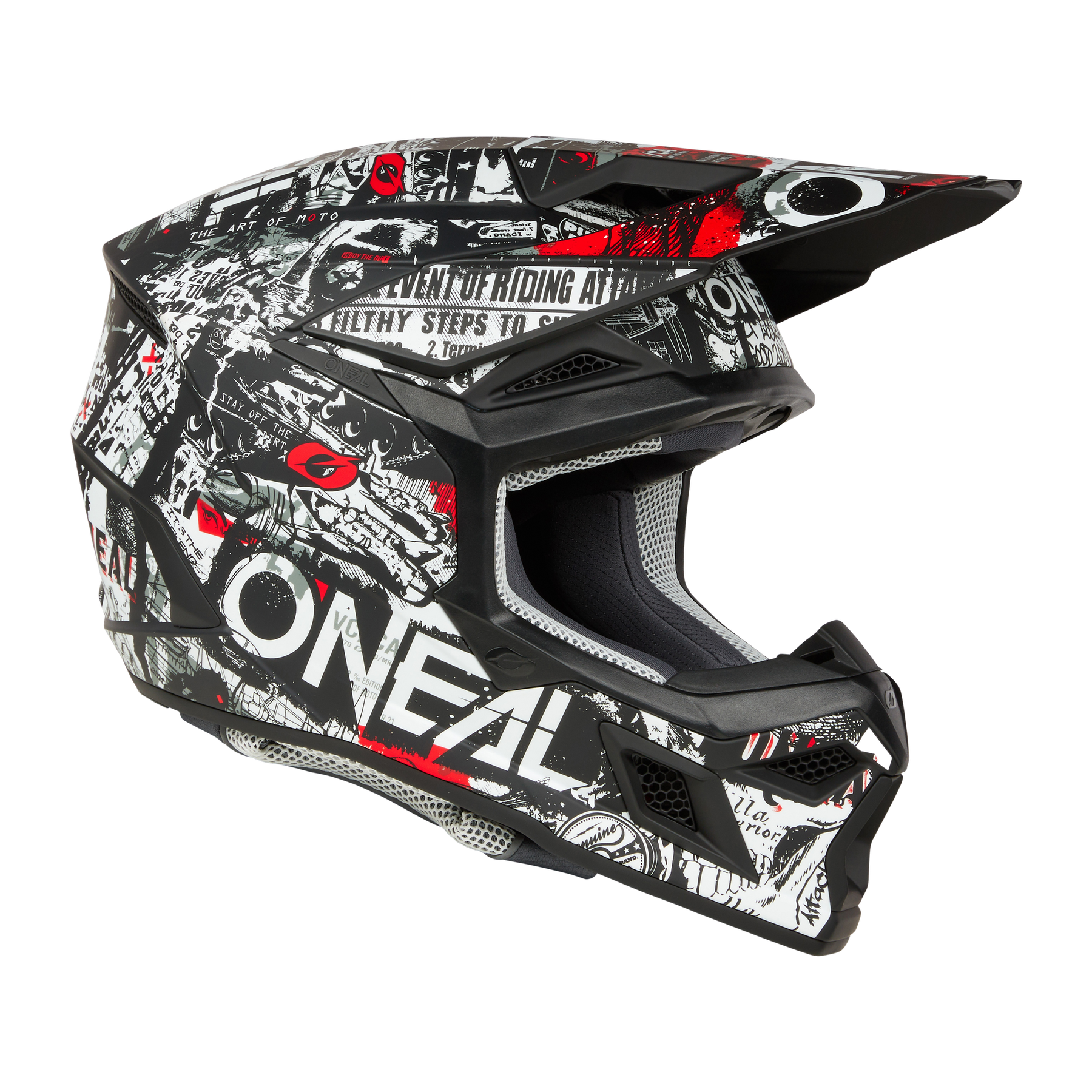 Der O'NEAL 3SRS Helm ATTACK ist ein schwarz-weiß-roter Motocross-Helm mit Visier und dynamischer Grafik, ideal für den Renntag.