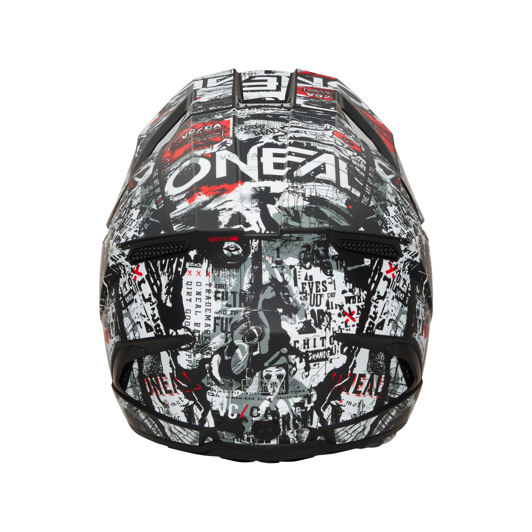Frontansicht des O'NEAL 3SRS Helm ATTACK by O'NEAL, der ein schwarz-weiß-rotes Graffiti-Design mit dem O'NEAL-Logo auf der Stirn zeigt - eine mutige Wahl für den Motocross-Sport.