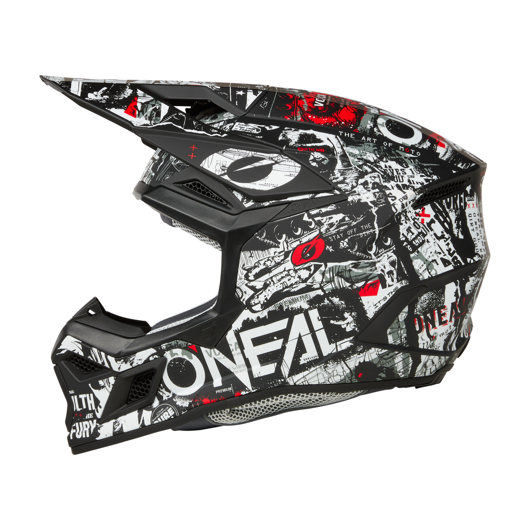 Der O'NEAL 3SRS Helm ATTACK ist ein schwarz-weiß-roter Fullface-Motocross-Helm mit auffälligen Grafiken und dem "ONEAL"-Logo - ideal für Rennsessions.