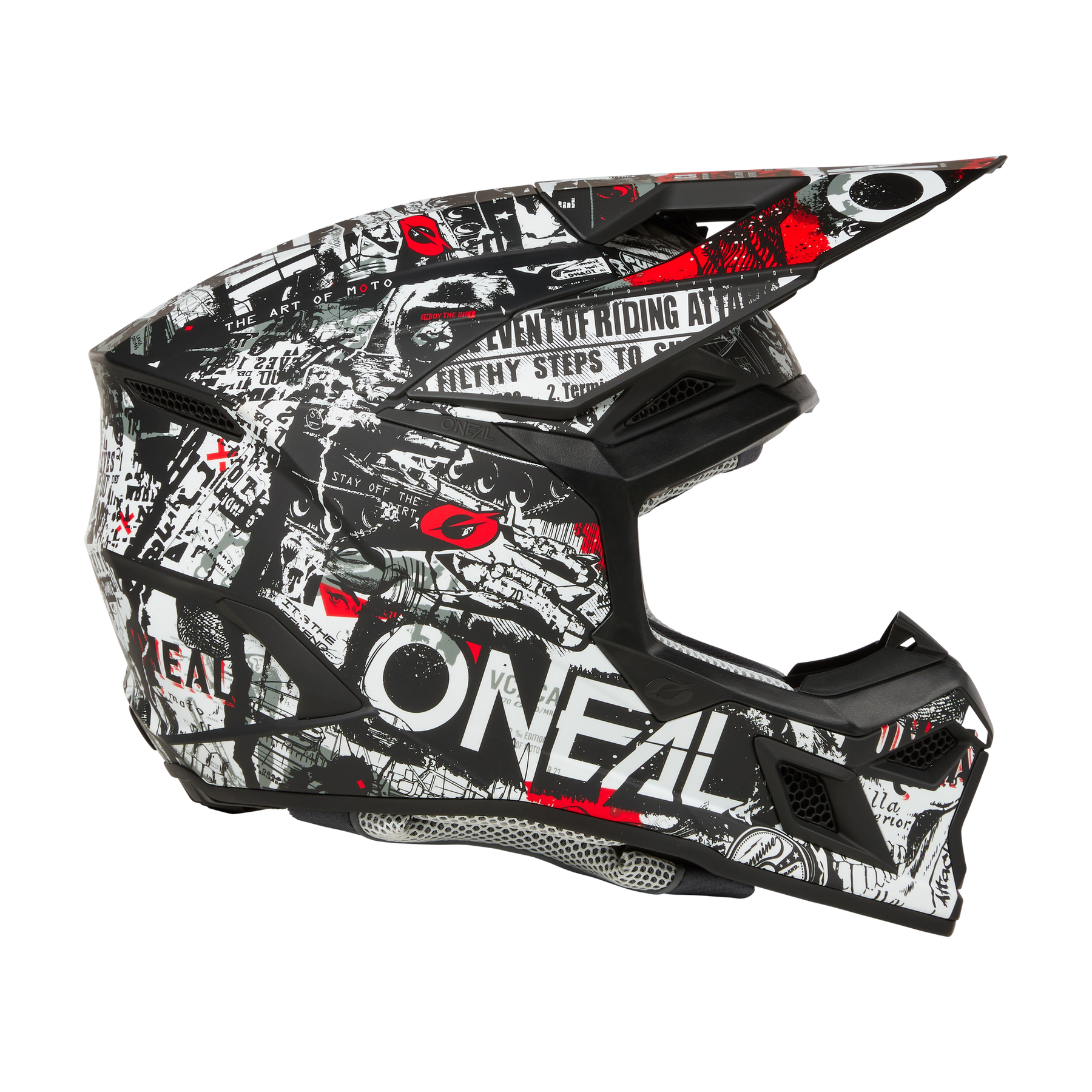 Der O'NEAL 3SRS Helm ATTACK ist ein schwarzer Motocross-Helm mit roten, weißen und grauen Graffiti-Grafiken, dem O'NEAL-Logo an der Seite und abstrakten Mustern - perfekt für Ihre nächste Rennsession.