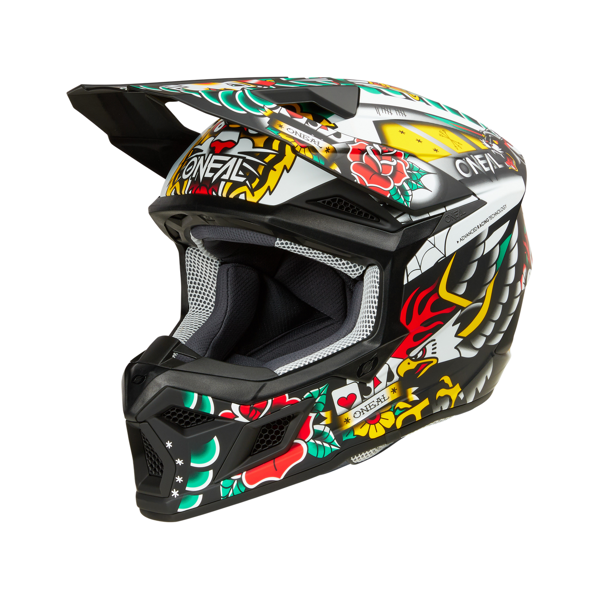 Der O'NEAL 3SRS Helm INKED verfügt über auffällige, farbenfrohe Grafiken mit Rosen, Herzen und abstrakten Mustern sowie ein schwarzes Visier und einen Kinnschutz - perfekt für Ihr nächstes Motocross-Rennen.