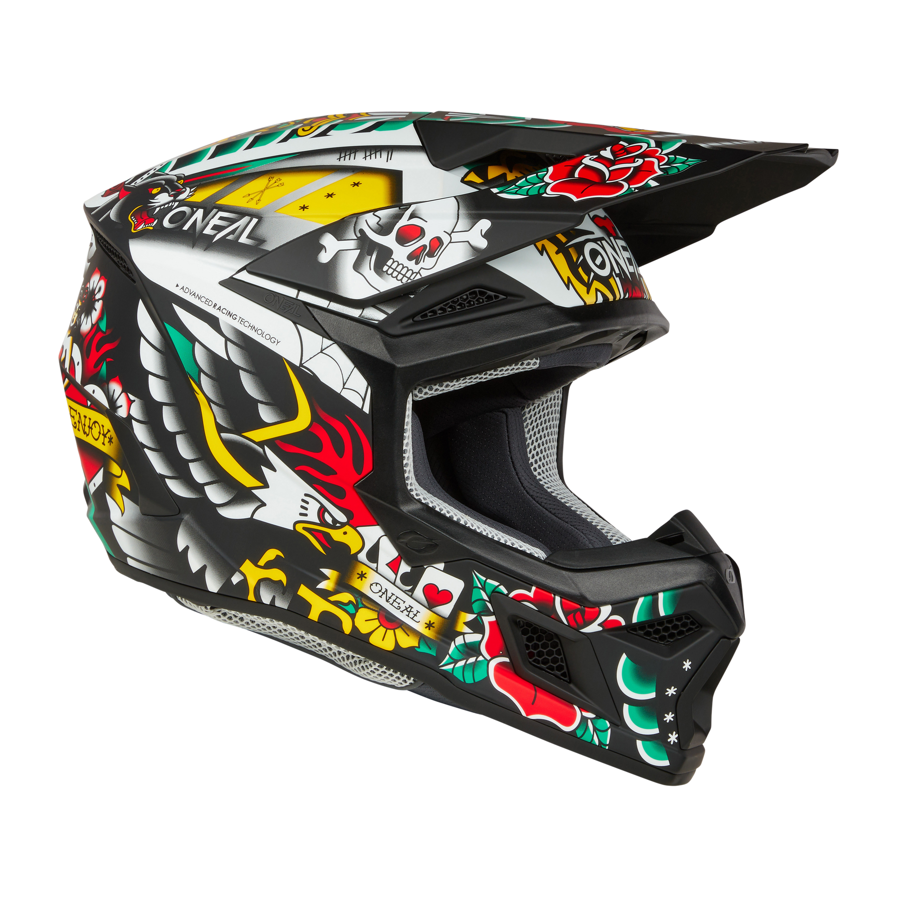 Der O'NEAL 3SRS Helm INKED verfügt über auffällige Grafiken - weißer Adler, rote Flammen, Rosen, Totenkopf und gelbe Akzente - sowie ein Visier und große Belüftungsöffnungen, was ihn zum idealen O'NEAL Helm für Ihre nächste Fahrt macht.