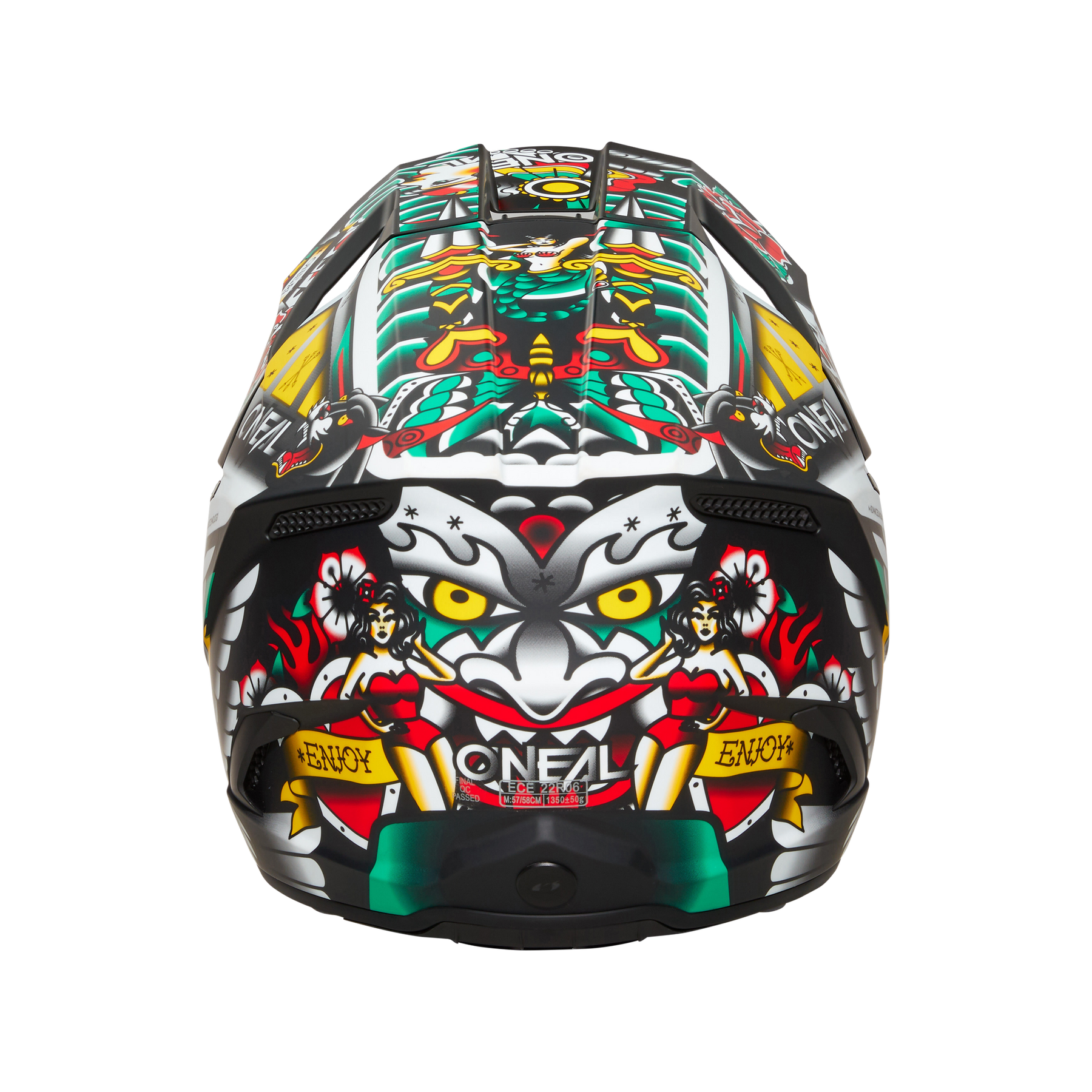 Der O'NEAL 3SRS Helm INKED verfügt über eine auffällige Grafik im Tattoo-Stil mit einem grimmigen Gesicht, Frauen und lebendigen Mustern. Mit dem "O'NEAL"-Schriftzug am unteren Rand ist er perfekt, um bei jedem Rennen aufzufallen.