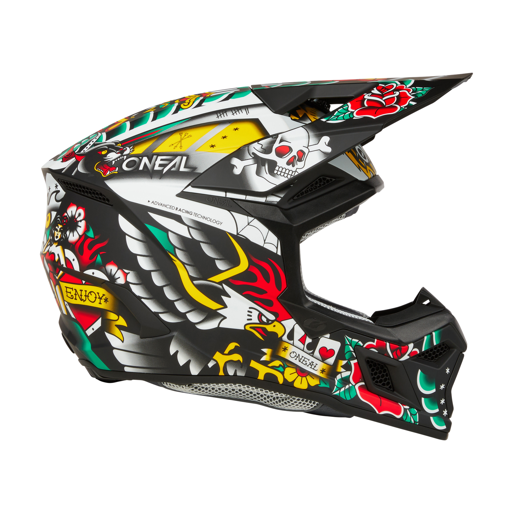 Der O'NEAL 3SRS Helm INKED ist ein schwarzer Motocross-Helm von O'NEAL mit von Tattoos inspirierten Totenköpfen, Rosen, Flammen, Karten und fettgedruckten Texten in leuchtenden Farben - ideal für den Rennsport und auffällig von der Seite gestylt.