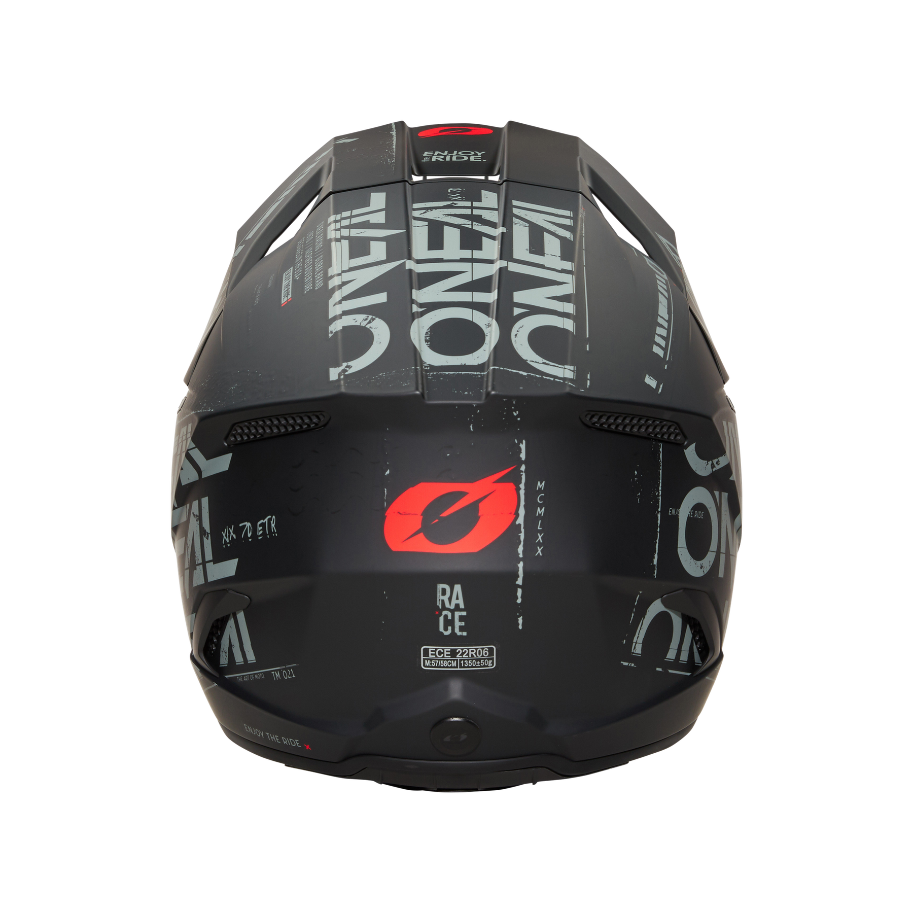 Mattschwarzer O'NEAL 3SRS Helm STATIC Motocross-Helm, von hinten gesehen, mit auffälligen weißen "O'NEAL"-Logos, roten Akzenten, grafischen Details einschließlich "RACE", Sicherheitszertifizierungsetiketten und robuster ABS-Schalenkonstruktion.