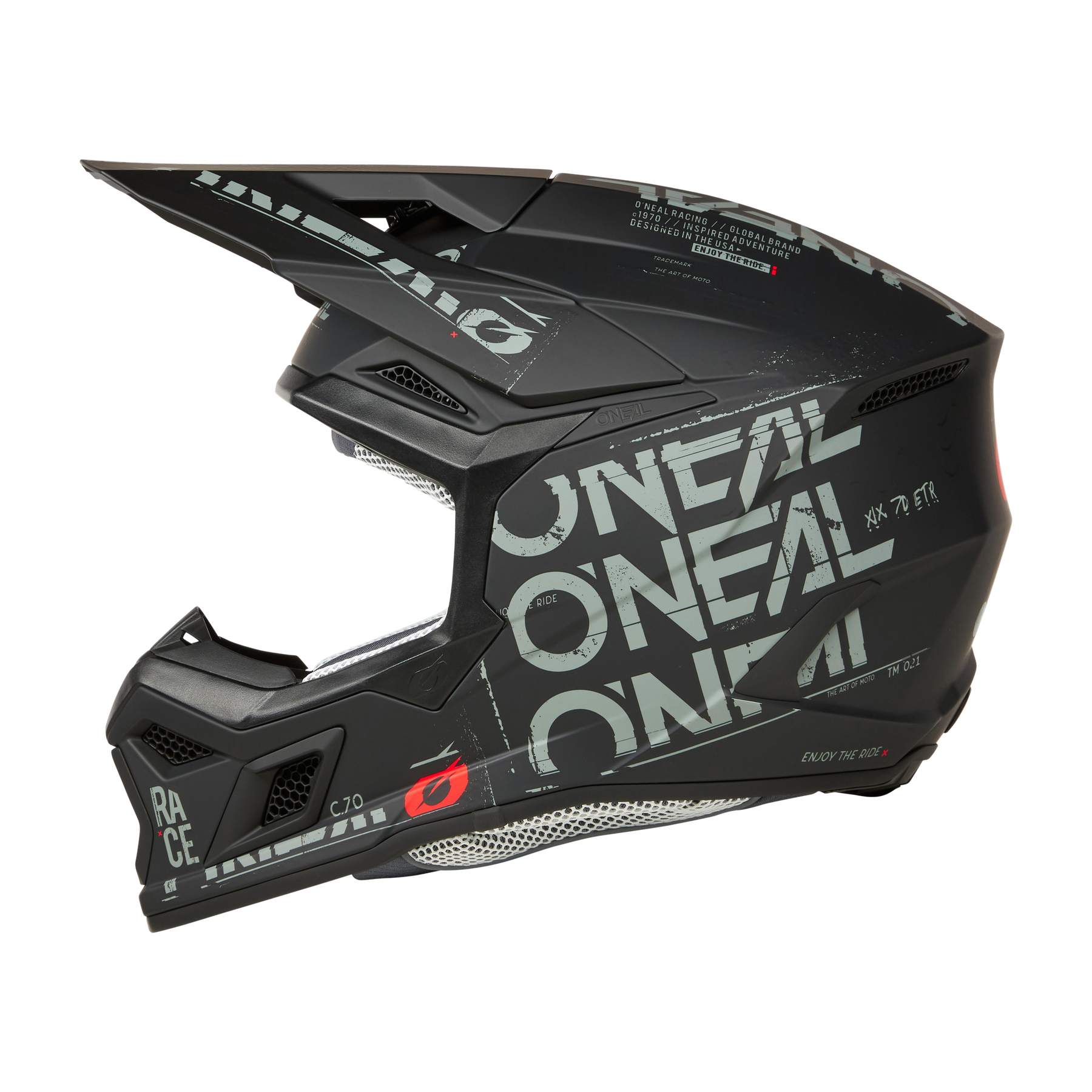 Seitenansicht eines schwarzen O'NEAL 3SRS Helm STATIC Motocross-Helms mit auffälligen grauen Grafiken, einem großen Visier, Belüftungslöchern und dem O'NEAL-Markennamen für ein dynamisches, sportliches Aussehen.