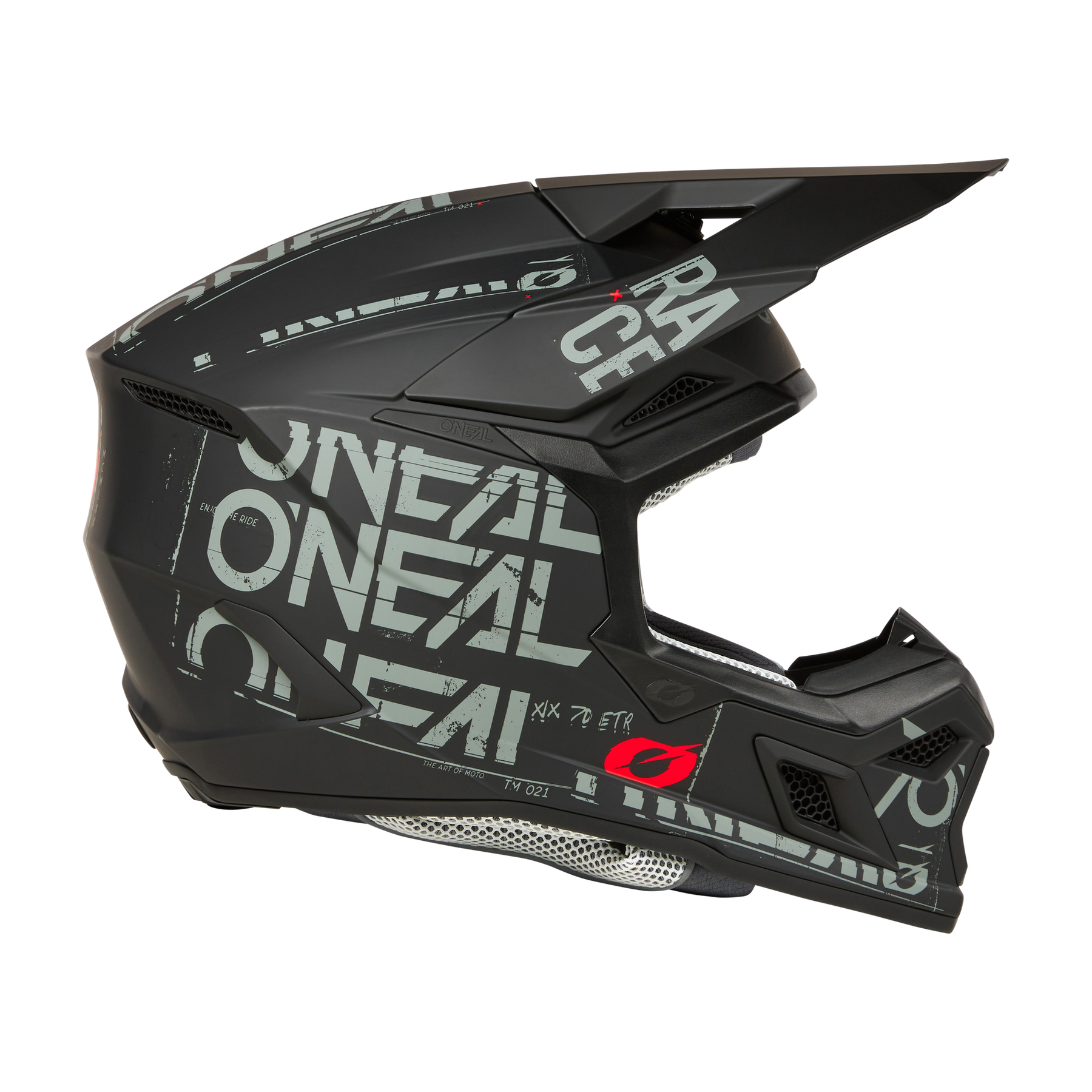 Ein mattschwarzer O'NEAL 3SRS Helm STATIC Vollvisier-Motocross-Helm mit auffälligen grauen Grafiken, großem Visier und seitlichen Belüftungsöffnungen wird von der Seite gezeigt.