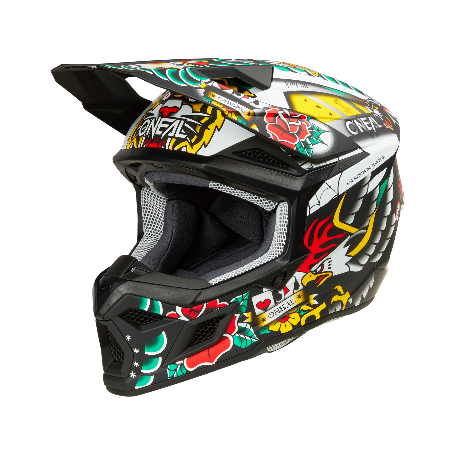 Der O'NEAL 3SRS Helm Kinder INKED ist ein Fullface-Motocross-Helm für Kinder mit farbenfrohen Grafiken - Blumen, Herzen und abstrakte Formen - auf einer schwarz/weißen Basis. Er verfügt über ein Visier und ein auffälliges O'NEAL-Branding, perfekt für junge Fahrer.