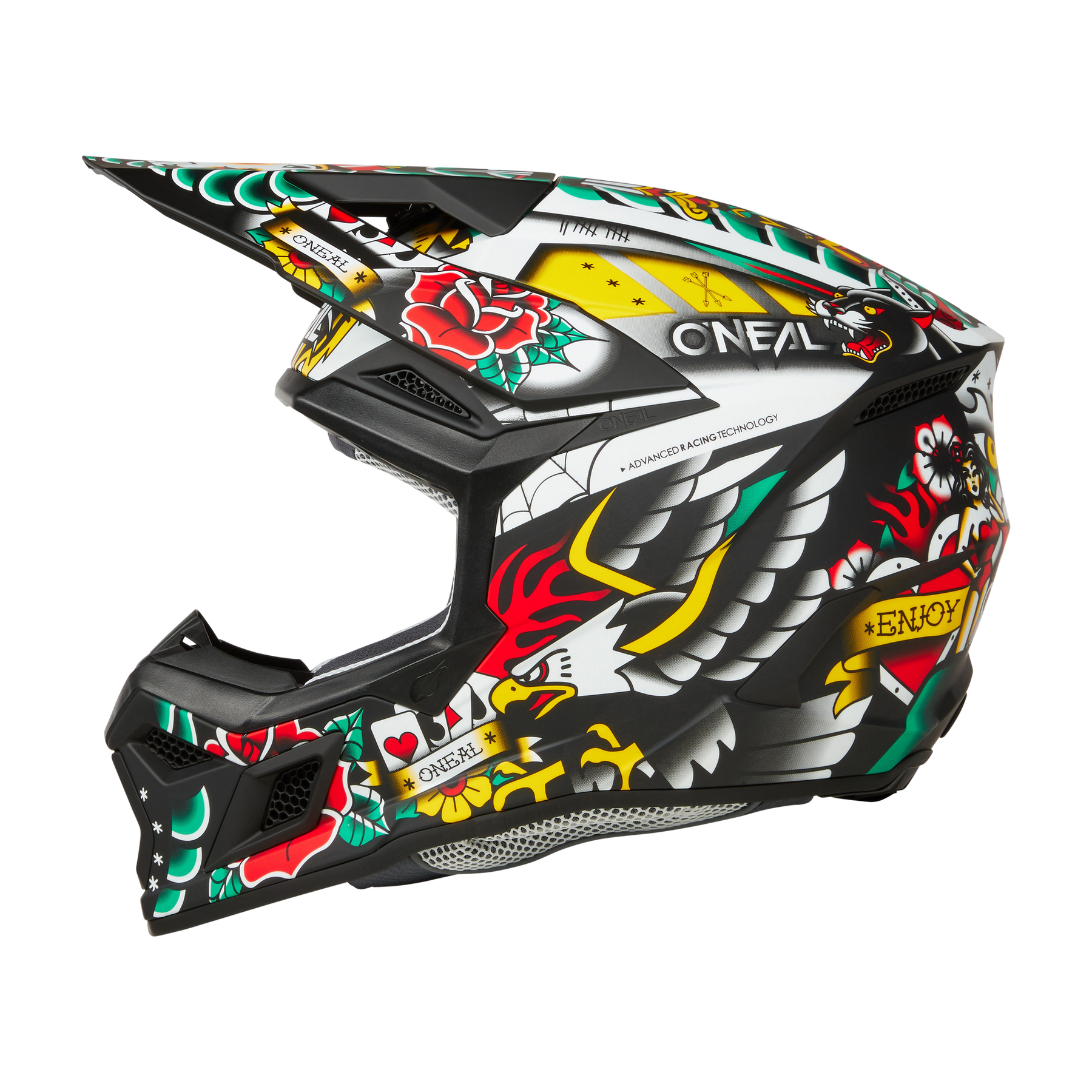 Der O'NEAL 3SRS Helm Kinder INKED by O'NEAL zeigt auffällige Rosen, Flügel, Spielkarten und "ENJOY"-Grafiken auf einer schwarzen Basis mit roten, gelben, grünen und weißen Akzenten für einen farbenfrohen MX-Look.