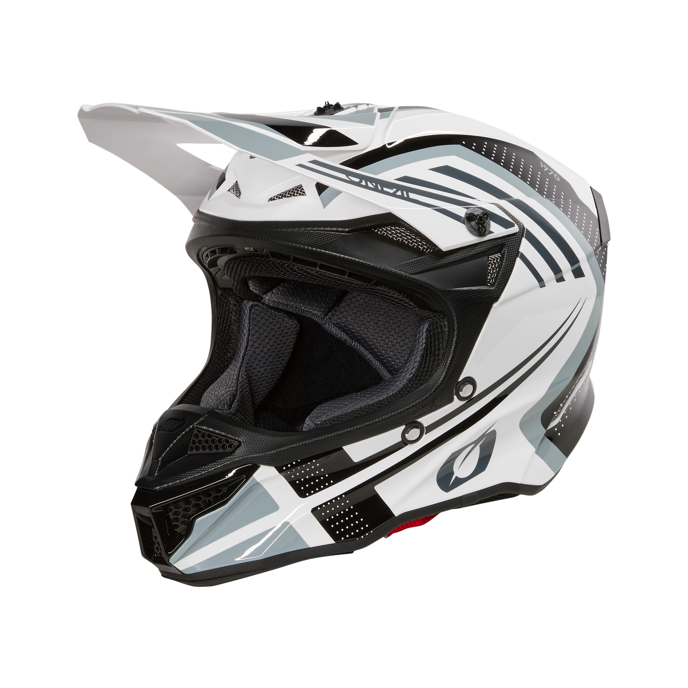 The O'NEAL 5SRS Polyacrylite Helmet SPIKE, a white and black motocross helmet with geometric motifs, visor, ABS shell, ventilation openings and padded interior by O'NEAL is shown on a plain black background.