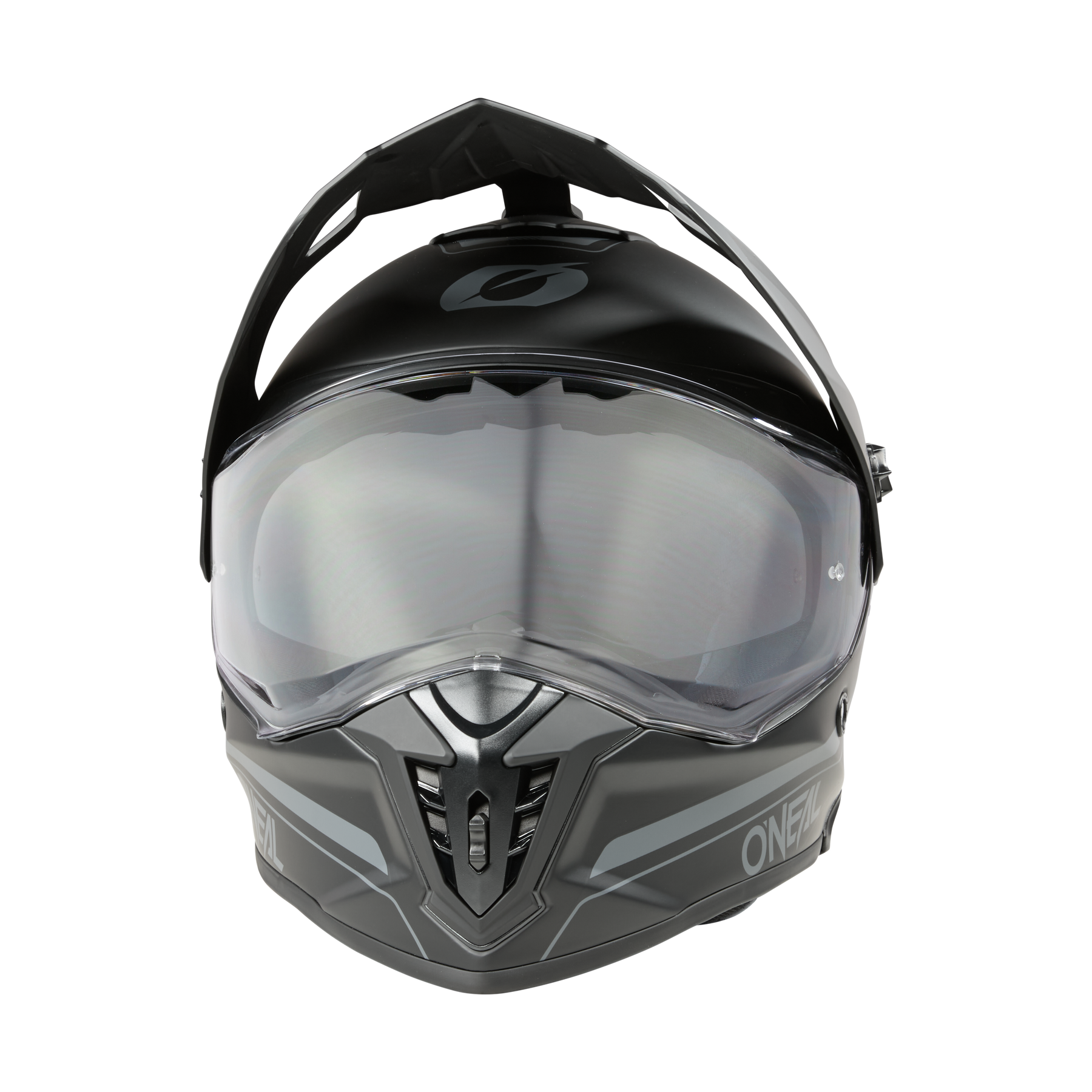 Der O'NEAL A-SRS Helmet SOLID ist ein schwarz-grauer Motorradhelm mit hochgezogenem, klarem Visier, sichtbarer Innenpolsterung, aerodynamischen Merkmalen und Bluetooth-fähigem Design, abgebildet auf schwarzem Hintergrund.
