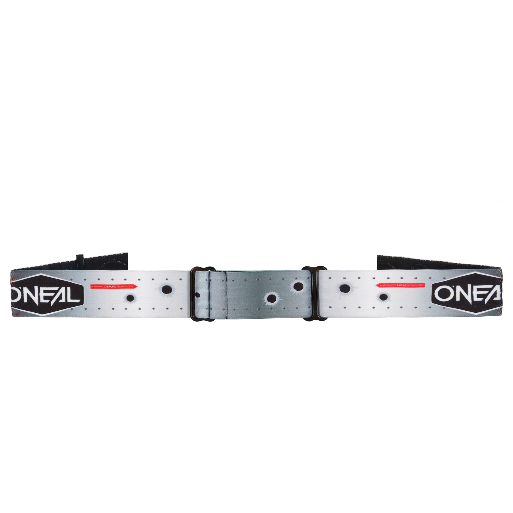 Die O'NEAL B-10 Brille HR verfügt über ein graues, verstellbares Band mit schwarzen O'NEAL-Logos, schwarzen Löchern und einer zentralen schwarzen Schnalle - ideal als Ersatz für Ihre MTB-Brille oder B-10 Goggle. Auf weißem Hintergrund abgebildet.