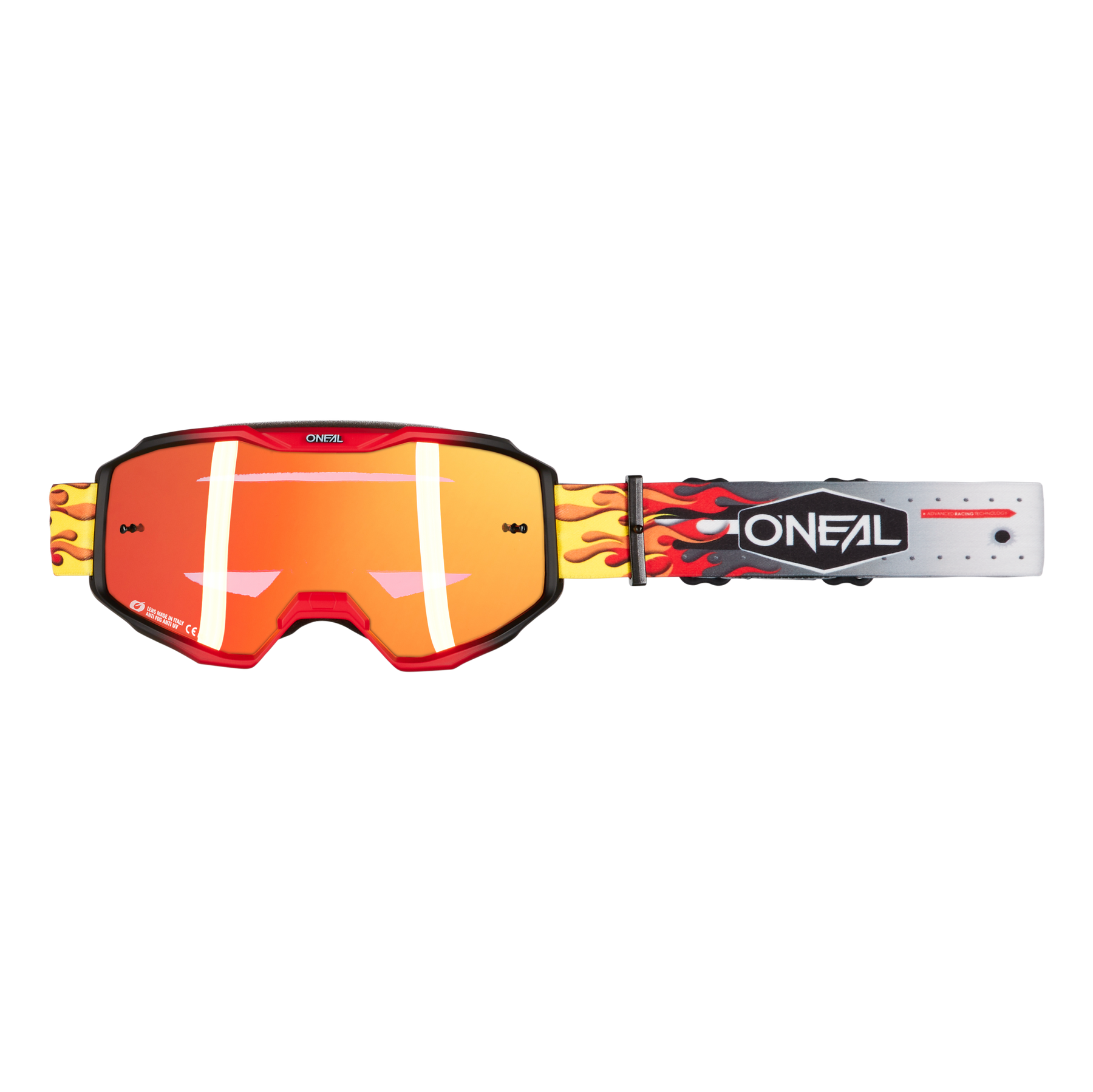 Die O'NEAL B-10 Brille HR Motocross-Brille hat einen schwarzen Rahmen, rot-orange verspiegelte Gläser und ein Band mit Flammenmuster und weißem O'NEAL-Logo auf schwarzem Hintergrund.