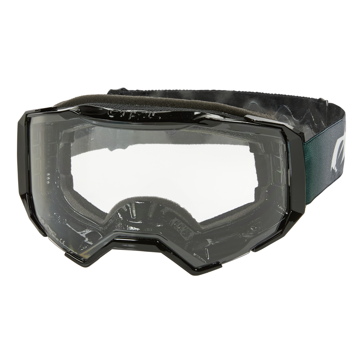 Die O'NEAL B-22 Goggle COVERT von O'NEAL zeichnet sich durch ein klares, rahmenloses Design mit schwarzem und dunkelgrünem, verstellbarem Band, einer breiten, transparenten Scheibe zum Schutz der Augen und einer ergonomischen Passform aus - ideal für den MTB- oder Skisport.