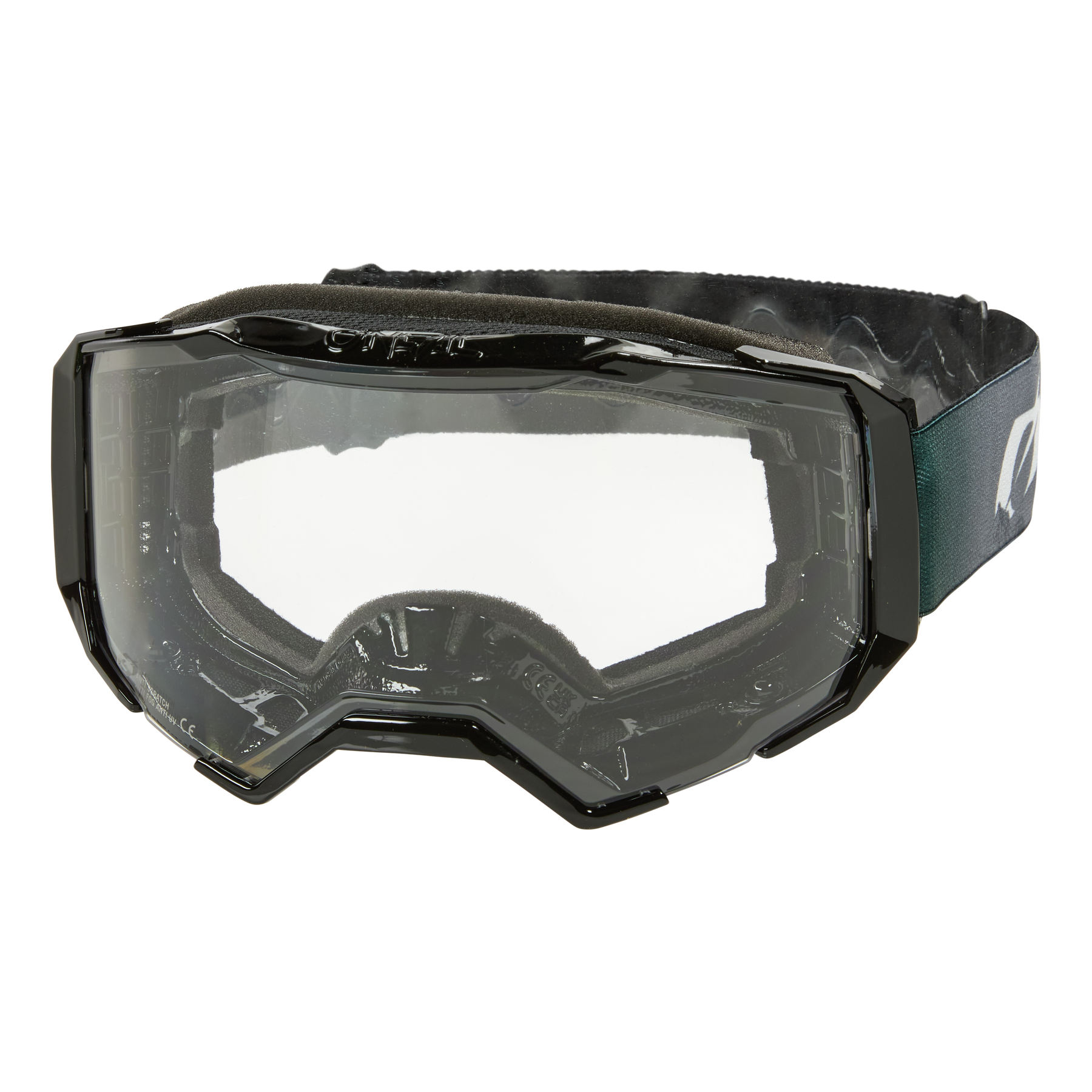 Die O'NEAL B-22 Goggle COVERT von O'NEAL zeichnet sich durch ein klares, rahmenloses Design mit schwarzem und dunkelgrünem, verstellbarem Band, einer breiten, transparenten Scheibe zum Schutz der Augen und einer ergonomischen Passform aus - ideal für den MTB- oder Skisport.