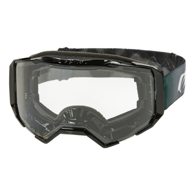 Die O'NEAL B-22 Goggle COVERT von O'NEAL zeichnet sich durch ein klares, rahmenloses Design mit schwarzem und dunkelgrünem, verstellbarem Band, einer breiten, transparenten Scheibe zum Schutz der Augen und einer ergonomischen Passform aus - ideal für den MTB- oder Skisport.