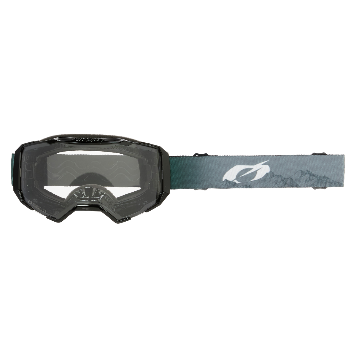 Die O'NEAL B-22 Goggle COVERT ist eine schwarze Ski- oder Snowboardbrille mit klaren Gläsern, ergonomischer Passform und einem verstellbaren Band mit einer Berggrafik und weißem O'NEAL-Logo auf blaugrauem Grund.