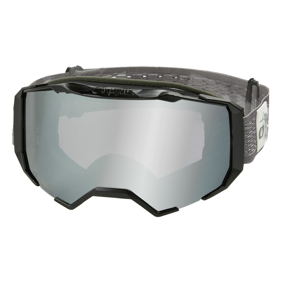 Die O'NEAL B-22 Goggle STATIC verfügt über ein versilbertes, breit reflektierendes Glas, einen schwarzen Rahmen und ein verstellbares, schwarz-grau bedrucktes Band - die perfekte MX- oder MTB-Brille für klare Sicht auf dem Trail.