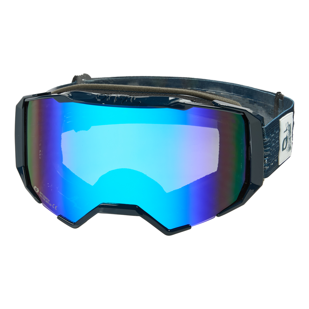 Die O'NEAL B-22 Goggle STATIC verfügt über eine breite, verspiegelte, blau getönte Scheibe und ein schwarzes, verstellbares Band mit weißem Logo - perfekt für MX- oder MTB-Fahrten mit vielseitiger All-Terrain-Performance.