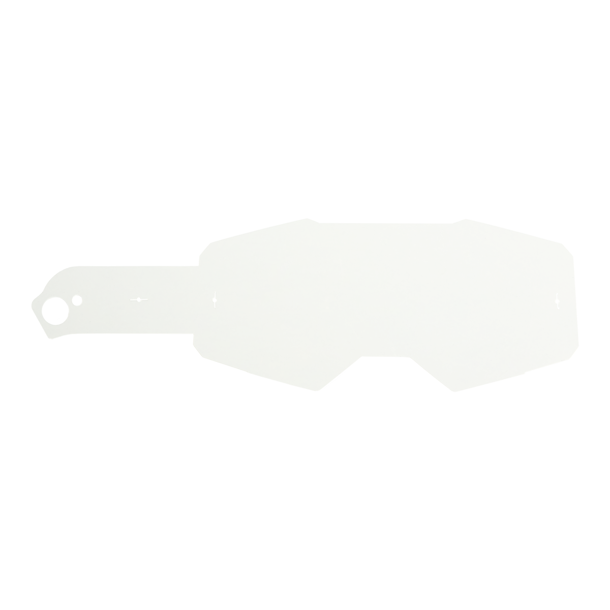 Ein weißes, kantiges Kunststoff-Abreißteil der O'NEAL B-55 Goggle - Tear Off Pack von O'NEAL mit einer langen Lasche auf der linken Seite, die einem flachen Schild ähnelt, wird vor einem soliden schwarzen Hintergrund dargestellt.