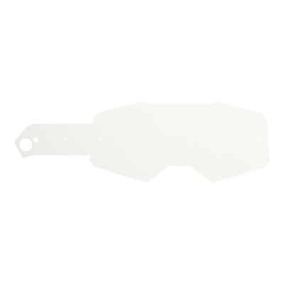 Ein weißes, kantiges Kunststoff-Abreißteil der O'NEAL B-55 Goggle - Tear Off Pack von O'NEAL mit einer langen Lasche auf der linken Seite, die einem flachen Schild ähnelt, wird vor einem soliden schwarzen Hintergrund dargestellt.