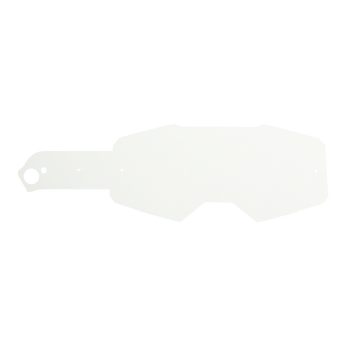 Ein weißes, kantiges Kunststoff-Abreißteil der O'NEAL B-55 Goggle - Tear Off Pack von O'NEAL mit einer langen Lasche auf der linken Seite, die einem flachen Schild ähnelt, wird vor einem soliden schwarzen Hintergrund dargestellt.