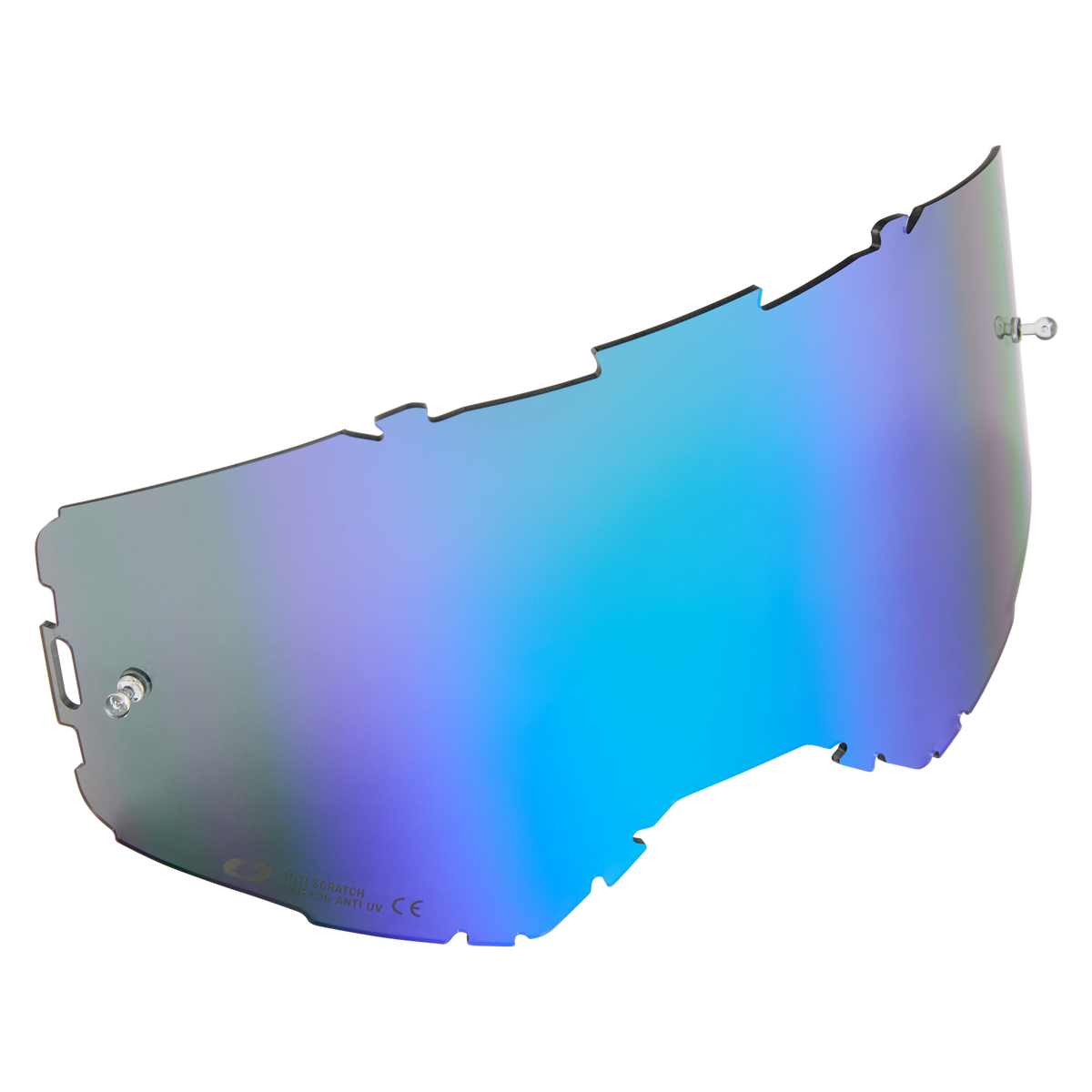 Die O'NEAL B-22 & B-33 Goggle-Ersatzlinse mit Tear Off Pins ist eine gebogene, blau-violett irisierende Linse mit gekerbten Kanten und seitlichen Befestigungspunkten, die für O'NEAL-Schutzbrillen oder -Helme entwickelt wurde.