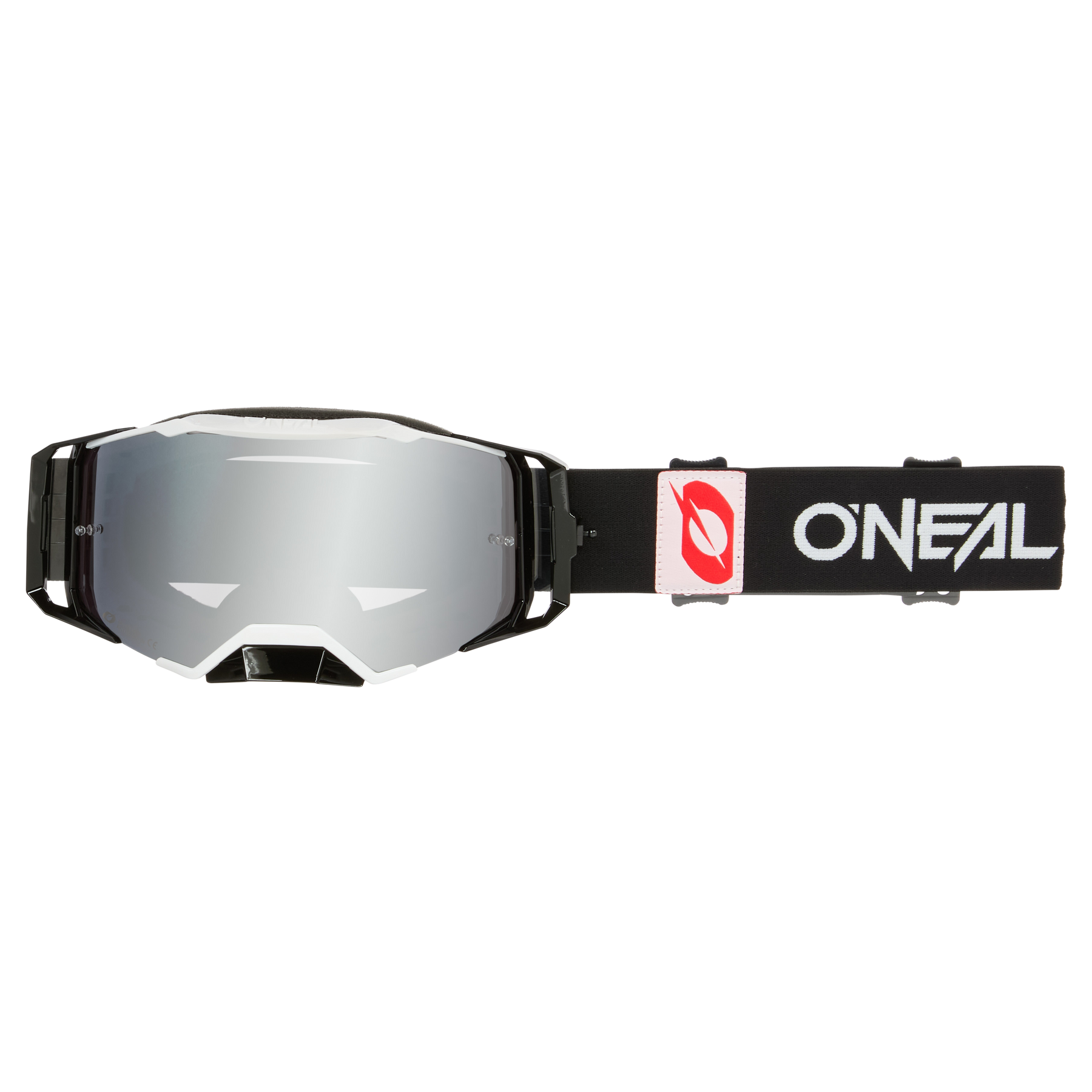 Die O'NEAL B-33 Goggle BOLD verfügt über ein reflektierendes Glas und ein schwarzes, verstellbares Band mit weißem O'NEAL-Logo und rotem Symbol - eine robuste, stoßfeste Motocross-Brille für die Rennstrecke.