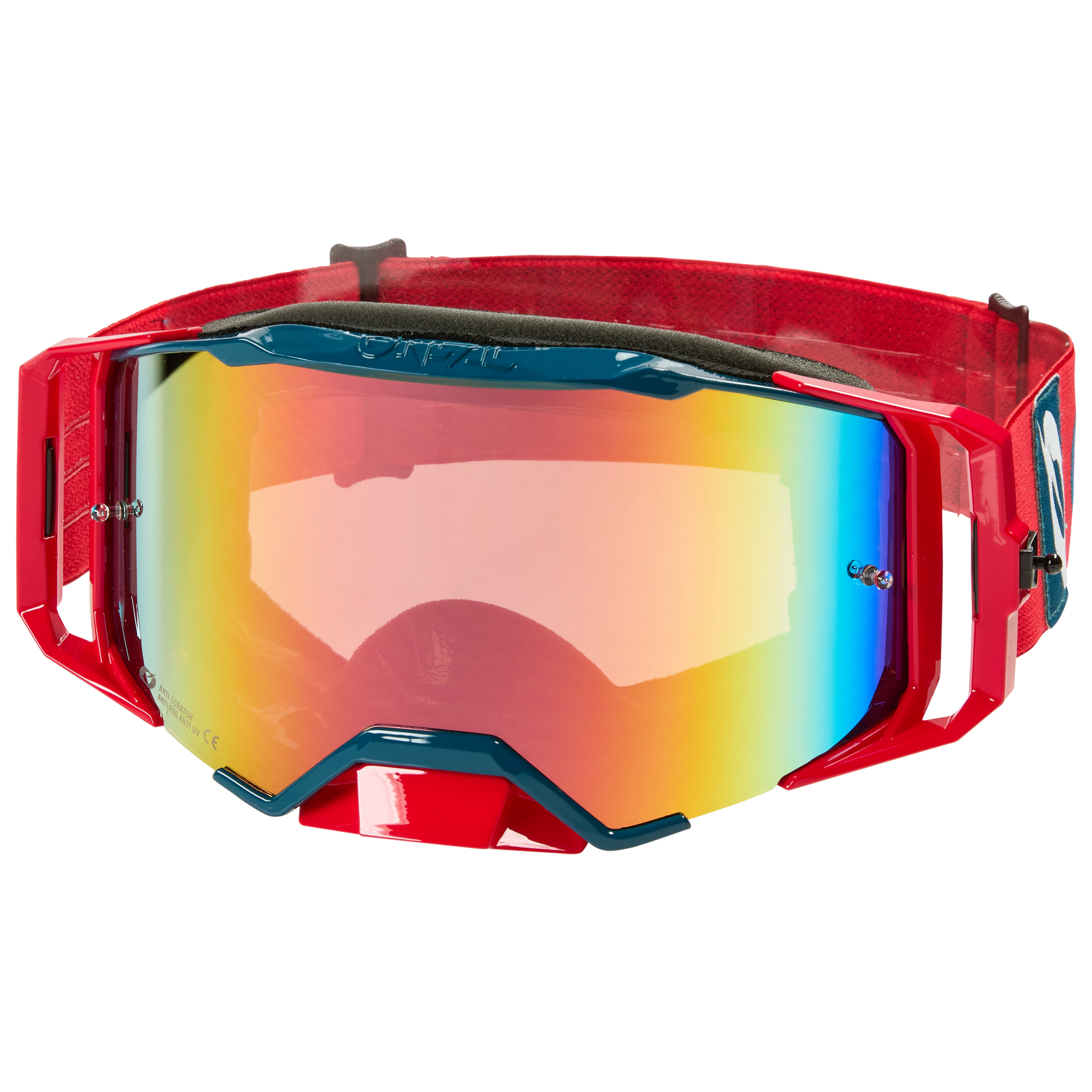 Die O'NEAL B-33 Goggle BOLD von O'NEAL ist eine rote, stoßfeste Motocross-Brille mit breiter, reflektierender Regenbogen-Scheibe, schwarzem Rand und verstellbarem, rotem Band - ideal für den Einsatz bei Rennen und auf der Strecke.