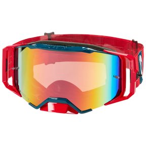 Las Gafas O'NEAL B-33 BOLD de O'NEAL son unas gafas de motocross rojas, resistentes a los impactos, con una amplia lente arco iris reflectante, montura negra y correa roja ajustable, ideales para usar en carreras y en la pista.