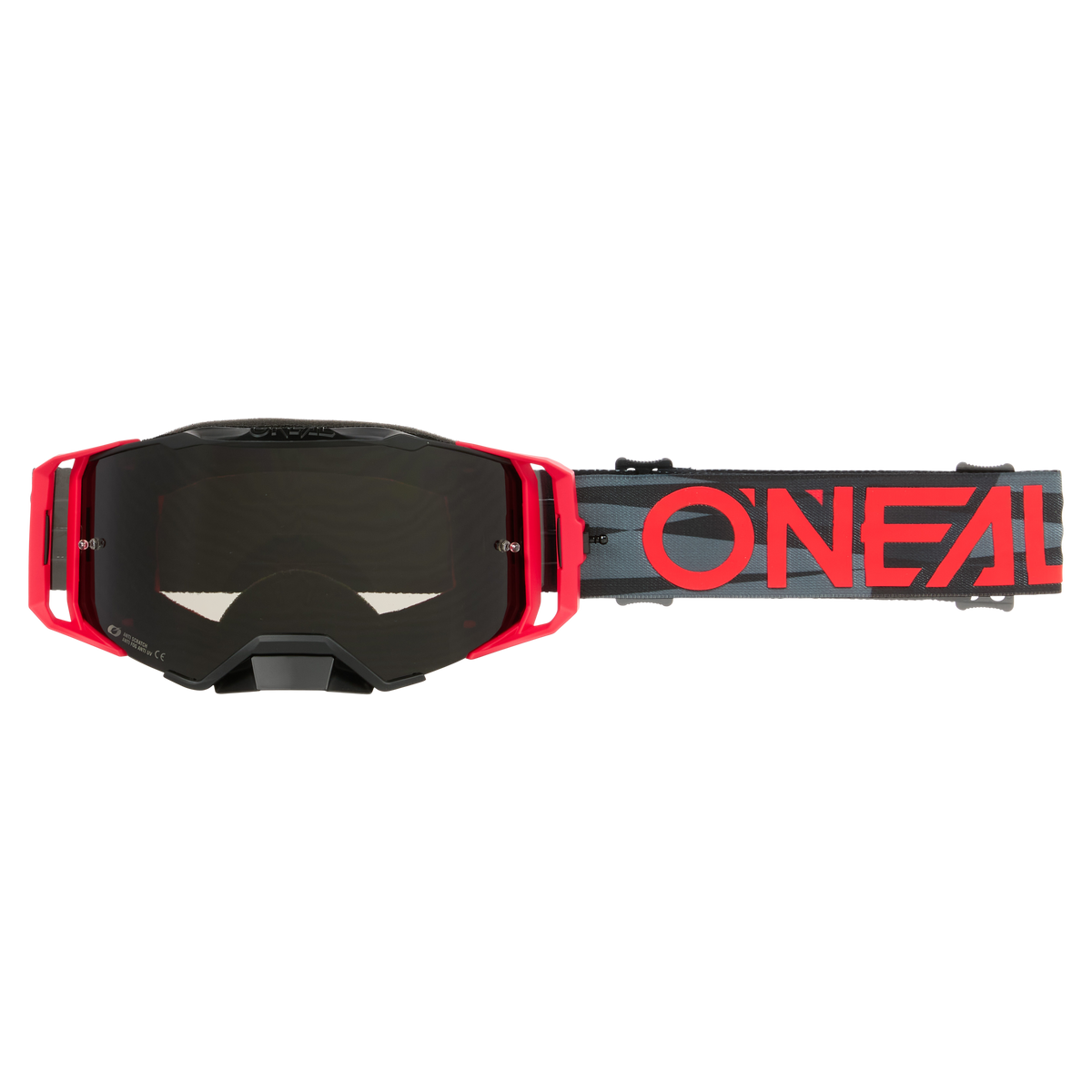 Die O'NEAL B-33 Goggle ICTUS zeichnet sich durch ein schwarz-rotes Design, dunkel getönte Gläser und ein graues Band mit auffälligem rotem "O'NEAL"-Schriftzug aus - eine ideale Motocross- oder Mountainbike-Brille für jeden Fahrer.