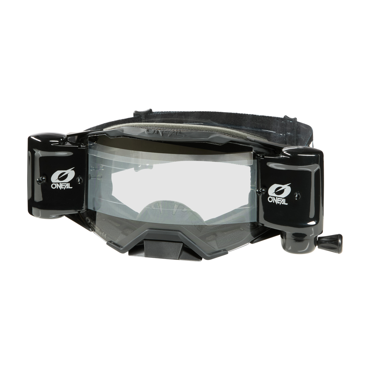 Die O'NEAL B-33 ROLL OFF Goggle ICTUS in Schwarz/Weiß verfügt über eine klare Scheibe, ein doppeltes Roll-Off-System für klare Sicht und ein verstellbares Gummiband am Rücken.