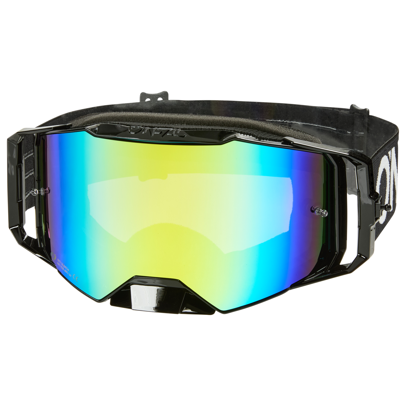 Ein Paar O'NEAL B-55 Goggle CRAM mit schwarzem Rahmen, einer breiten reflektierenden Scheibe in gelben, blauen und grünen Tönen, UV-Schutz und einem verstellbaren schwarzen Gummiband.