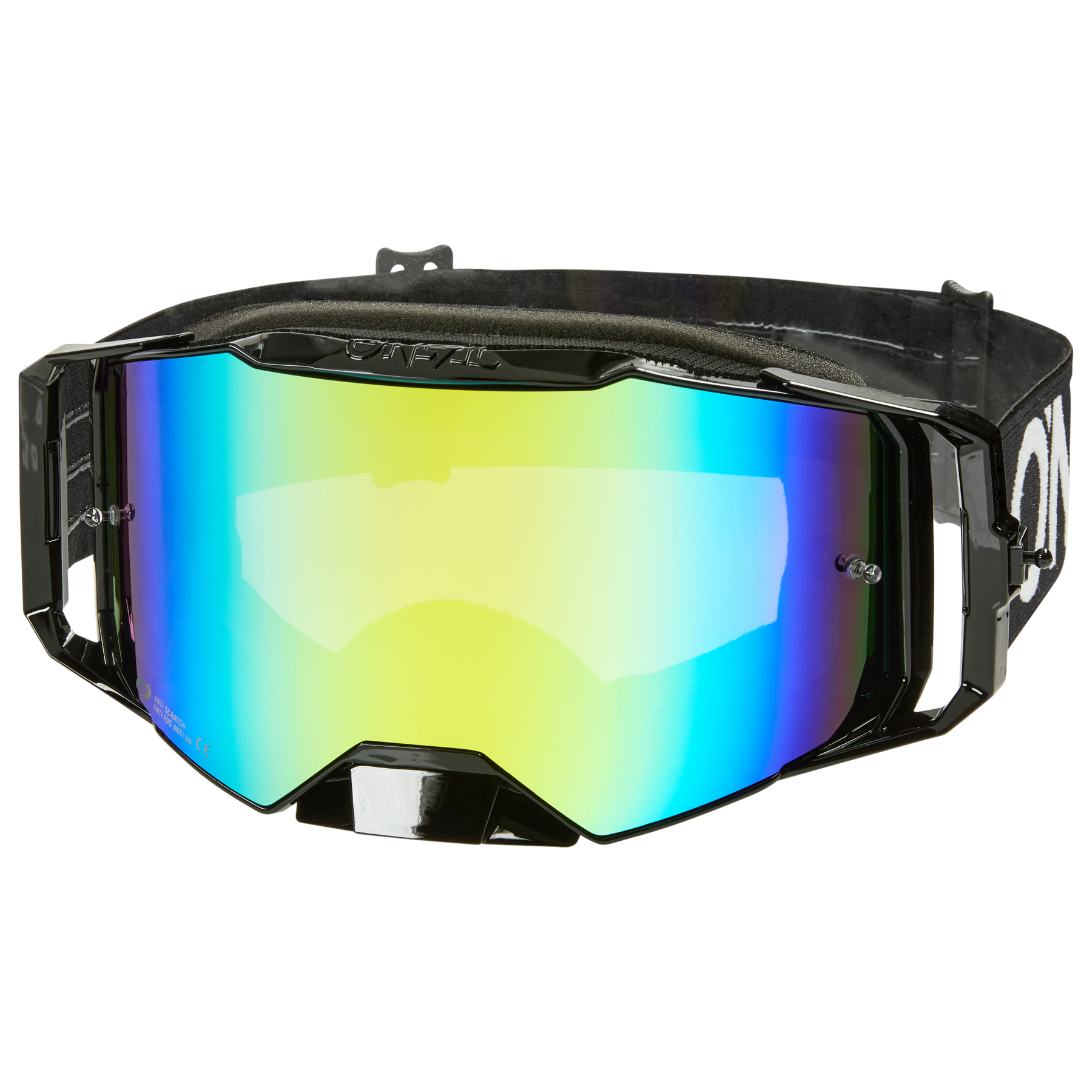 Ein Paar O'NEAL B-55 Goggle CRAM mit schwarzem Rahmen, einer breiten reflektierenden Scheibe in gelben, blauen und grünen Tönen, UV-Schutz und einem verstellbaren schwarzen Gummiband.