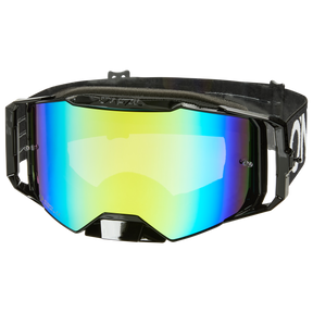 Ein Paar O'NEAL B-55 Goggle CRAM mit schwarzem Rahmen, einer breiten reflektierenden Scheibe in gelben, blauen und grünen Tönen, UV-Schutz und einem verstellbaren schwarzen Gummiband.