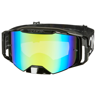 Ein Paar O'NEAL B-55 Goggle CRAM mit schwarzem Rahmen, einer breiten reflektierenden Scheibe in gelben, blauen und grünen Tönen, UV-Schutz und einem verstellbaren schwarzen Gummiband.