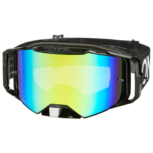 Ein Paar O'NEAL B-55 Goggle CRAM mit schwarzem Rahmen, einer breiten reflektierenden Scheibe in gelben, blauen und grünen Tönen, UV-Schutz und einem verstellbaren schwarzen Gummiband.