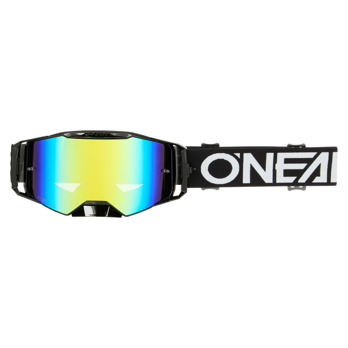 Eine schwarze O'NEAL B-55 Goggle CRAM Motocross-Brille mit reflektierenden, regenbogengetönten UV-Schutzgläsern und einem schwarzen Band mit dem auffälligen weißen "ONEAL"-Logo.