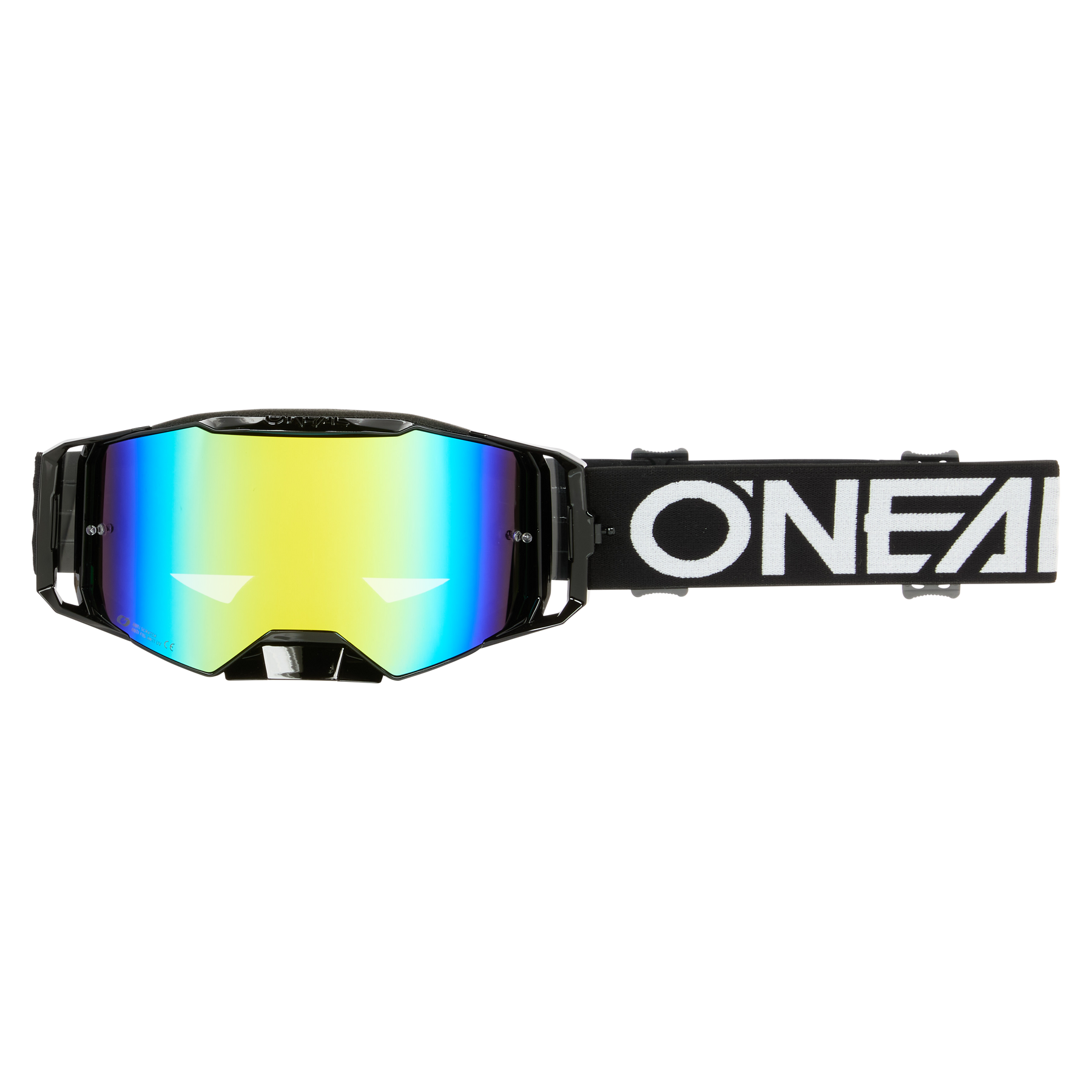 Eine schwarze O'NEAL B-55 Goggle CRAM Motocross-Brille mit reflektierenden, regenbogengetönten UV-Schutzgläsern und einem schwarzen Band mit dem auffälligen weißen "ONEAL"-Logo.