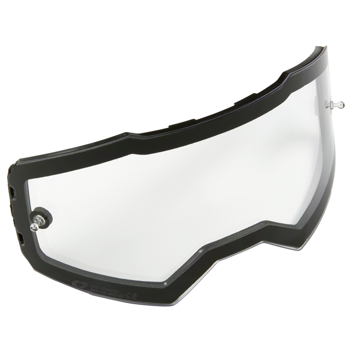 Die O'NEAL B-55 Goggle Ersatzscheibe mit Tear Off Pins ist eine klare, leicht gebogene Ersatzscheibe mit schwarzem Rahmen, die für O'NEAL Sport- oder Motorradhelme entwickelt wurde.