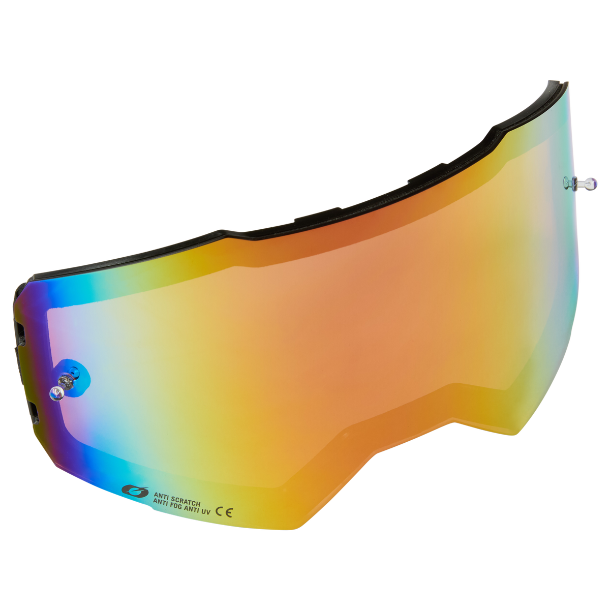 Die O'NEAL B-55 Goggle Ersatzgläser mit Tear Off Pins haben einen schillernden Farbverlauf in Gelb, Orange, Blau und Grün, eine Anti-Kratz- und Anti-Beschlag-Beschichtung sowie Befestigungselemente auf beiden Seiten.