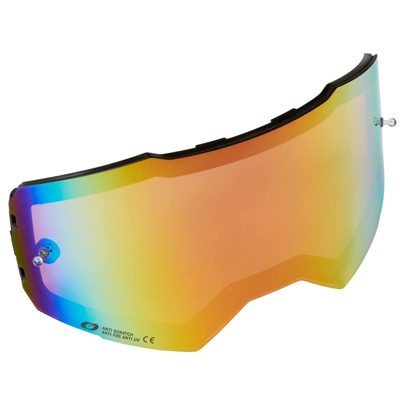 Die O'NEAL B-55 Goggle Ersatzgläser mit Tear Off Pins haben einen schillernden Farbverlauf in Gelb, Orange, Blau und Grün, eine Anti-Kratz- und Anti-Beschlag-Beschichtung sowie Befestigungselemente auf beiden Seiten.