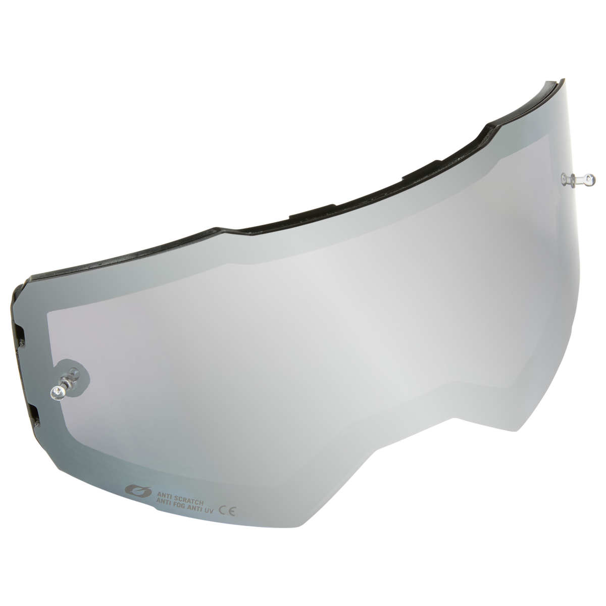 Die O'NEAL B-55 Goggle-Ersatzscheibe mit abreißbaren Stiften ist eine klare, gewölbte Scheibe mit Befestigungsstiften auf jeder Seite und einem schwarzen oberen Rand vor einem weißen Hintergrund.